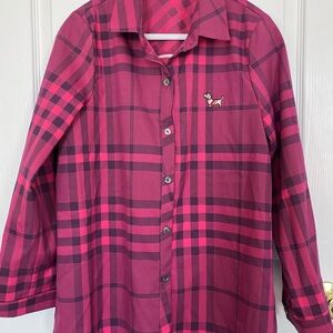 Pink Plaid Button-Up Shirt with Embroidered Dog